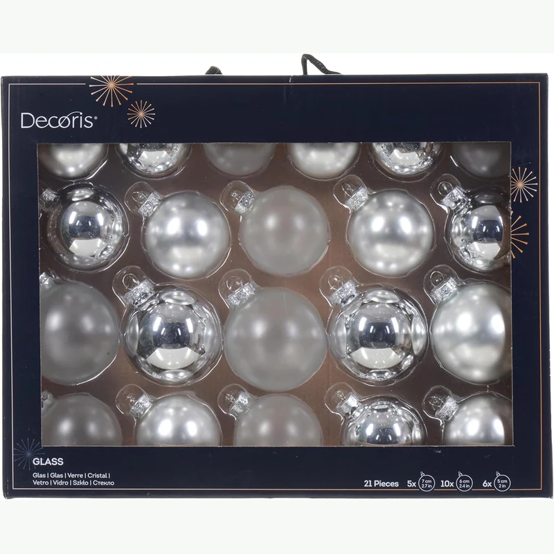 Decoris lot de 21 boules de Noël en verre argenté